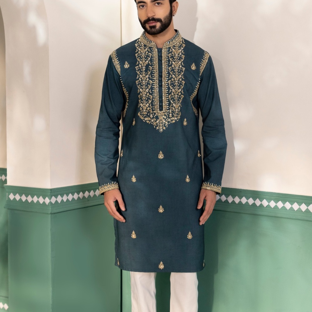Aza Fashions Green Padma Silk Hand Embroidery Beads Mushq Kurta With Pant